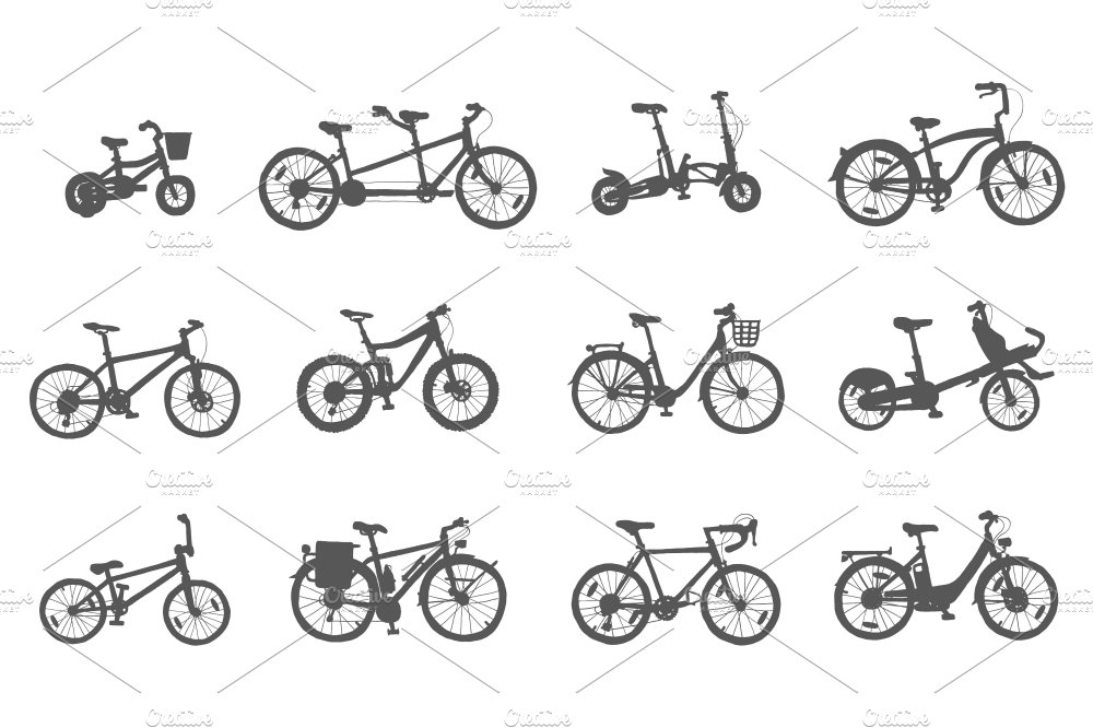 A set of 12 different dark gray illustrations of bicycle on a white background.