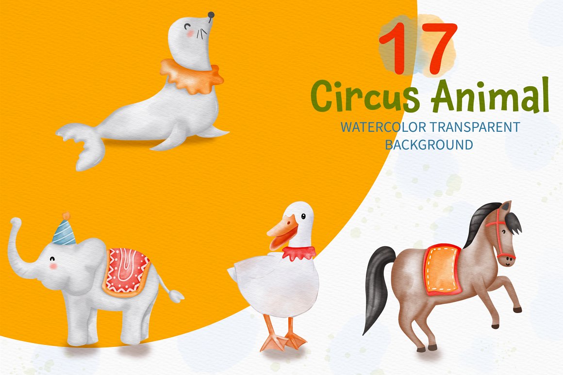 4 circus illustrations of seal, elephant, duck and horse.