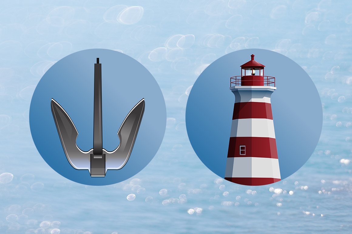 2 round icons of an anchor and lighthouse on a blue background.