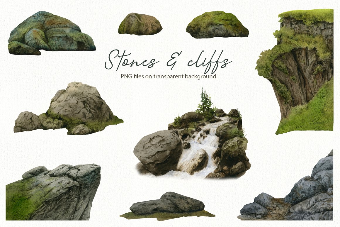9 different stones and cliffs illustrations.