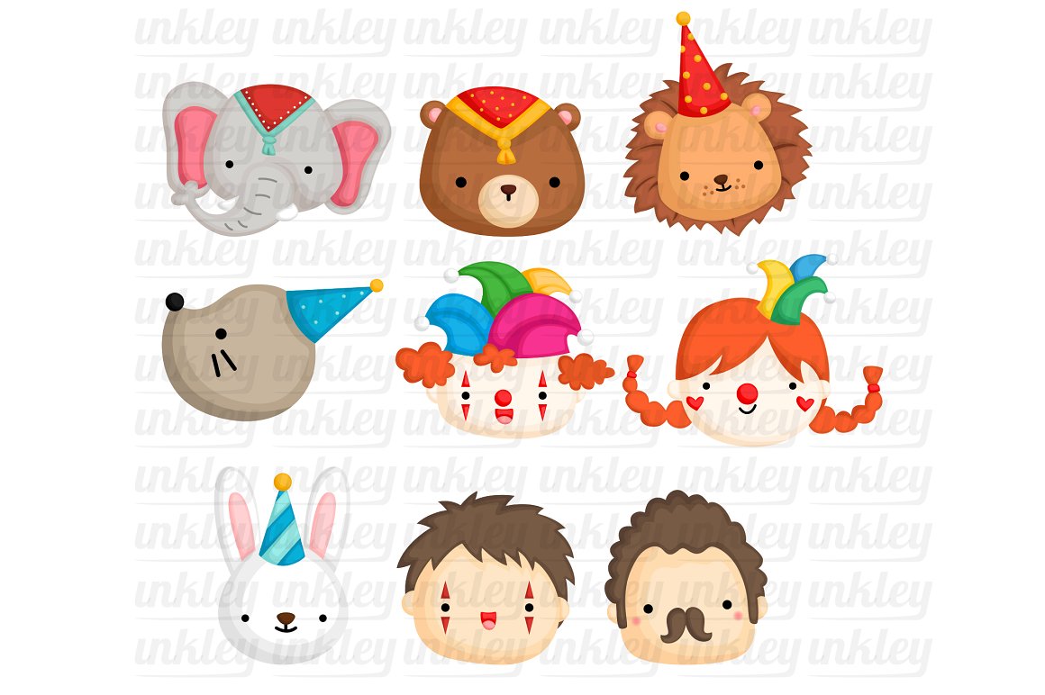 A set of 9 colorful illustrations of circus carnival characters on a white background.