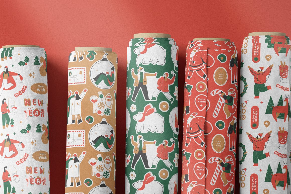 5 different rolls of wrapping paper with christmas patterns.