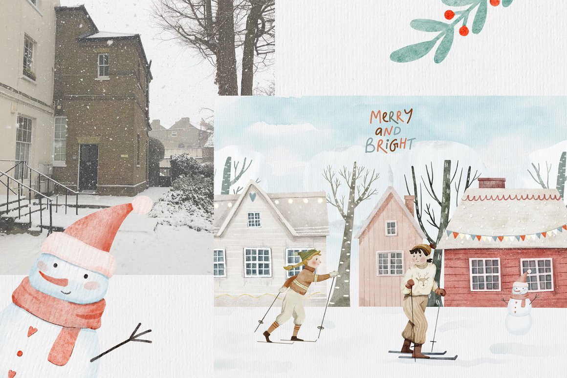 2 christmas cards with lettering and illustrations, and snowman illustration.