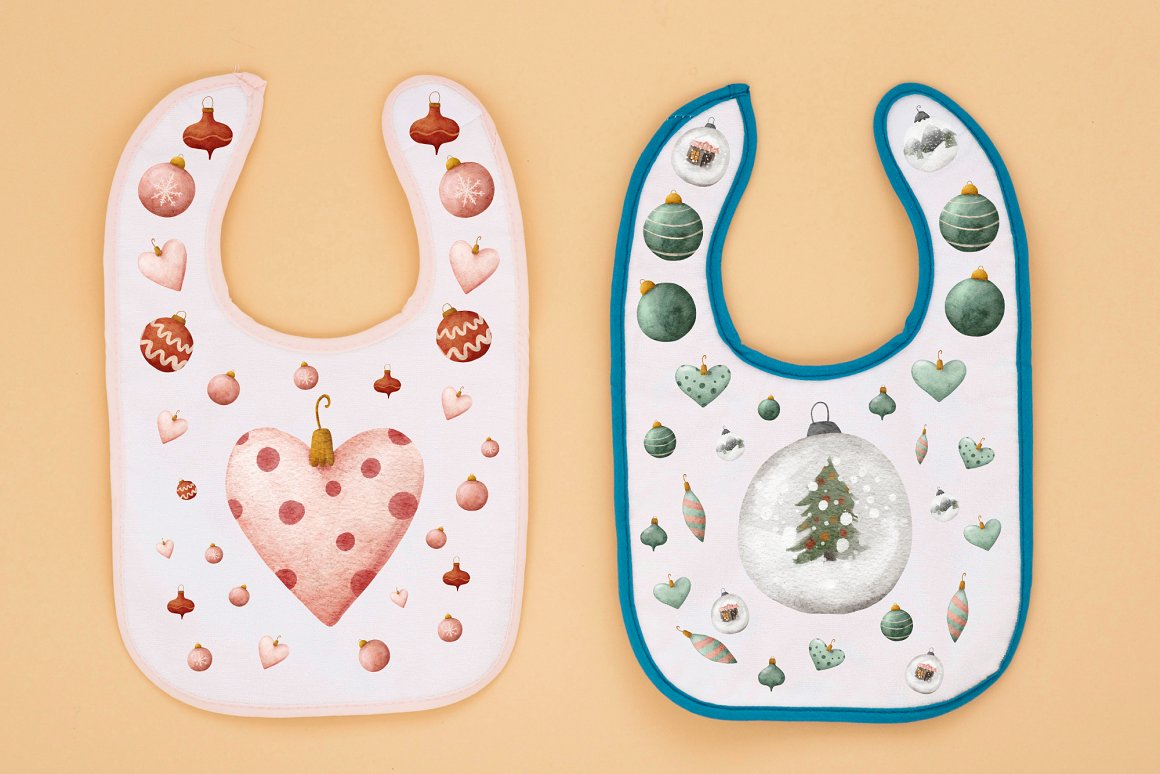 2 white bibs with pink and blue edging and christmas tree decorations illustrations.