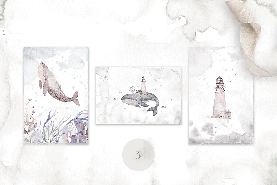 3 watercolor pre-made whale illustrations.