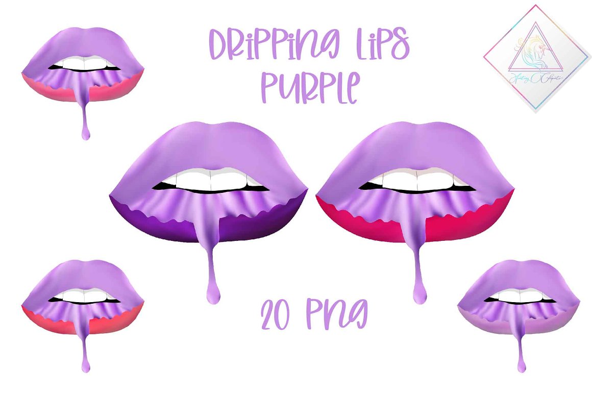 Cover with purple lettering "Dripping Lips Purple" and 5 illustrations of lips on a white background.