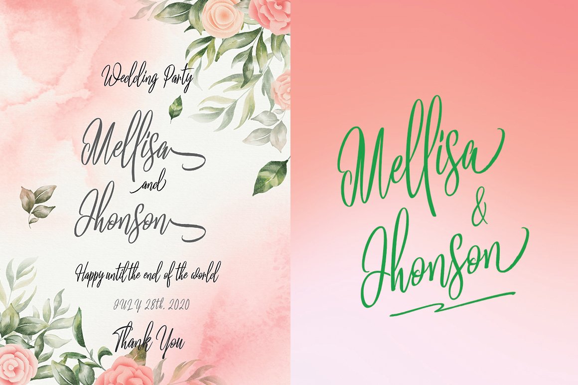 Wedding card with black calligraphy lettering and the same lettering in green on a pink background.