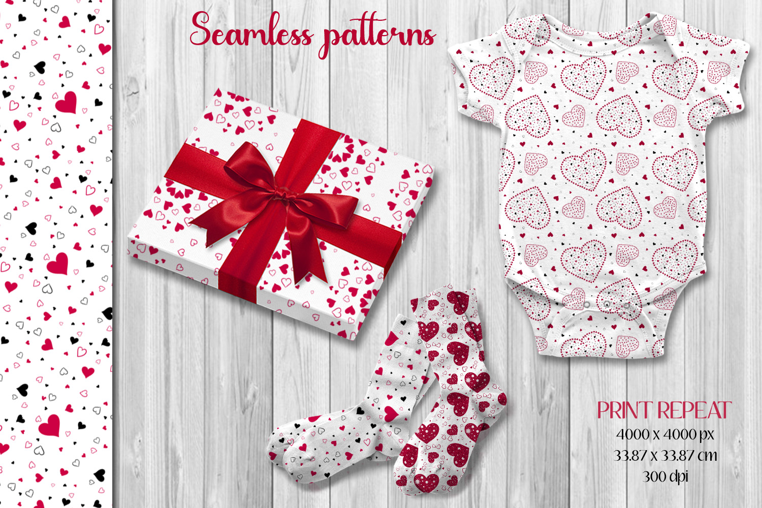 Red Hearts Valentines Day Seamless Template preview image.
