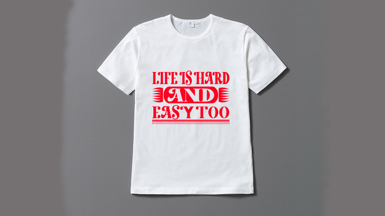 White t-shirt with red lettering.