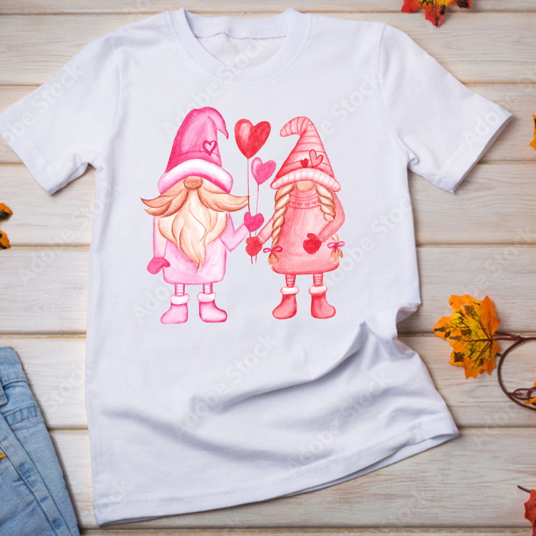 Image of a T-shirt with a beautiful print of pink gnomes