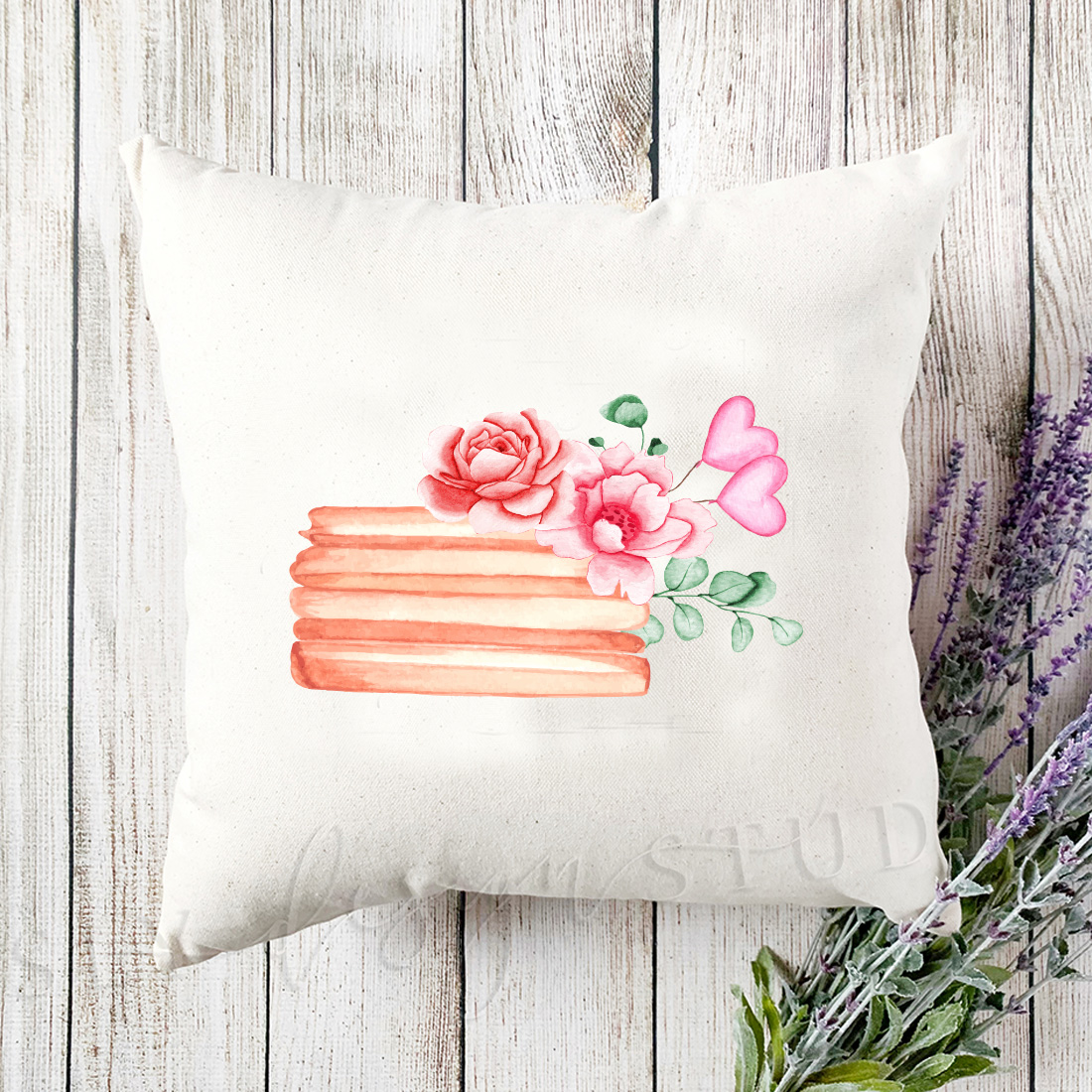 White pillow with wooden slice with flowers.