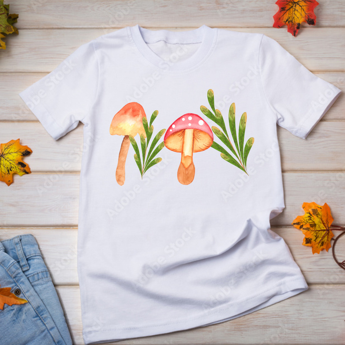 Minimalistic mushrooms graphic on a white t-shirt.