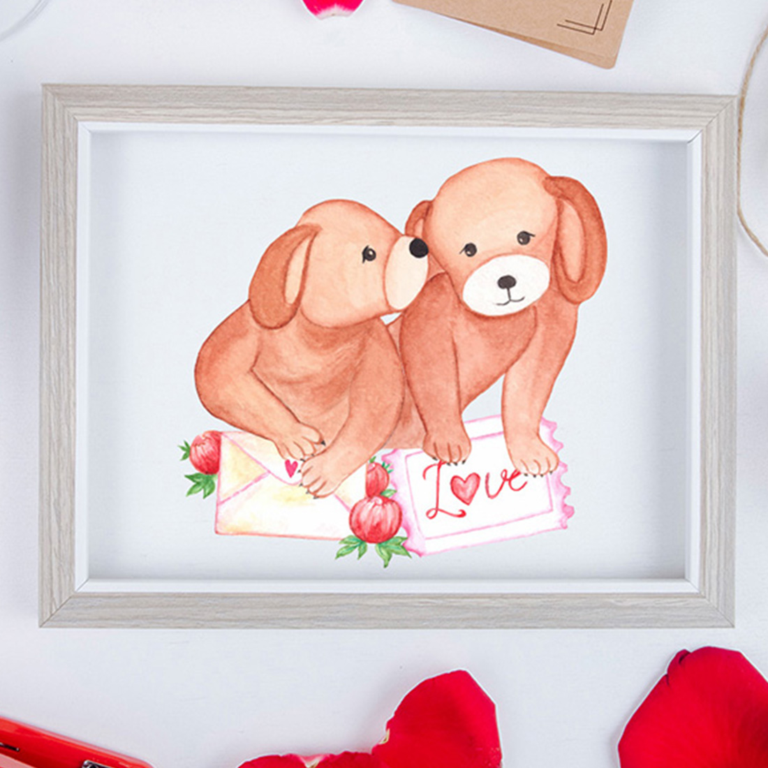 Picture of a couple of dogs in a wooden frame