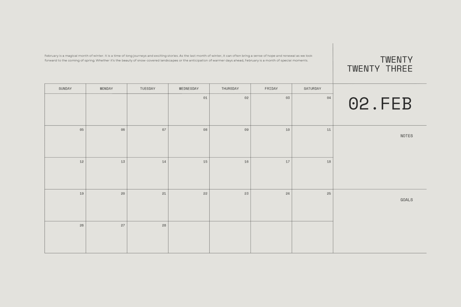 Aesthetically pleasing clean planner calendar with a contemporary design and a lot of space to write notes and goals.