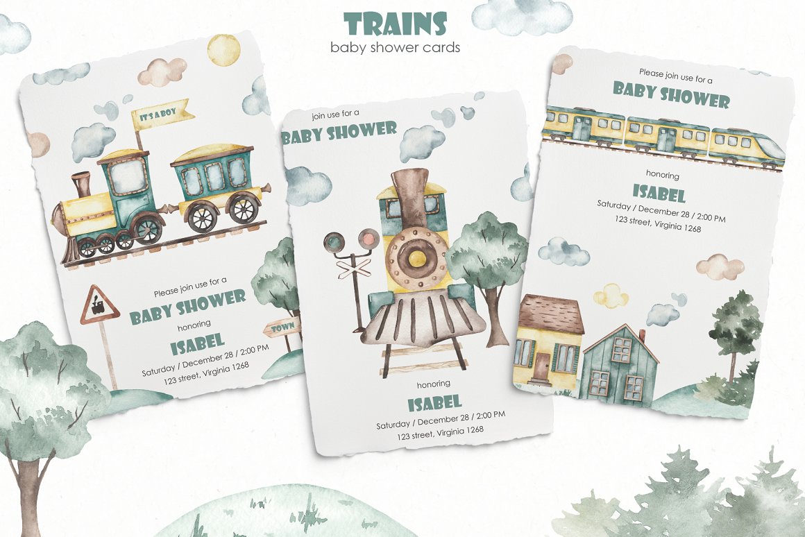4 childrens watercolor collection train baby shower cards 644