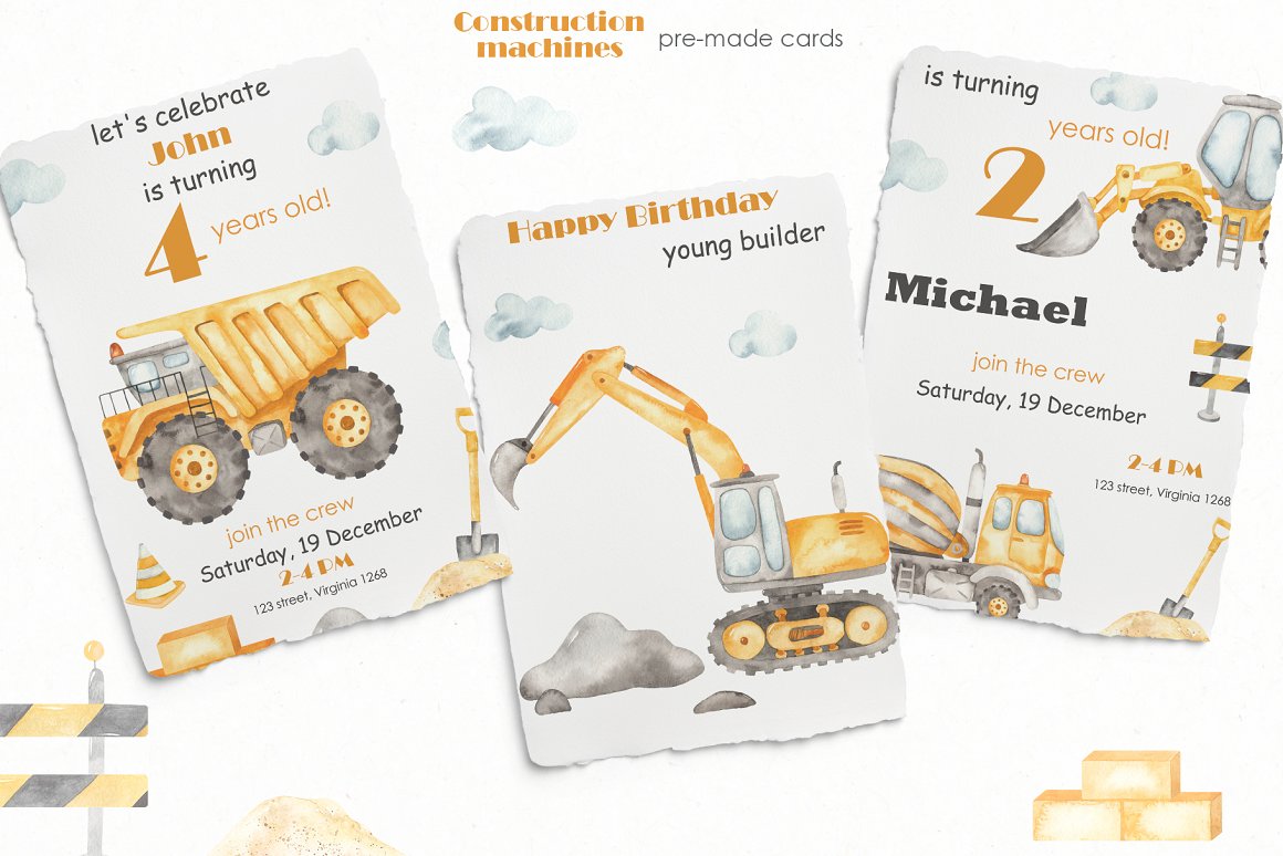 4 construction machines watercolor premade cards 68