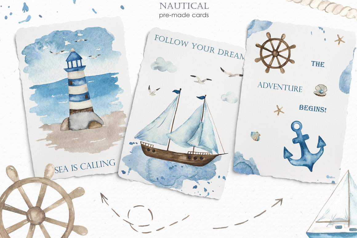 4 nautical set watercolor premade card 964