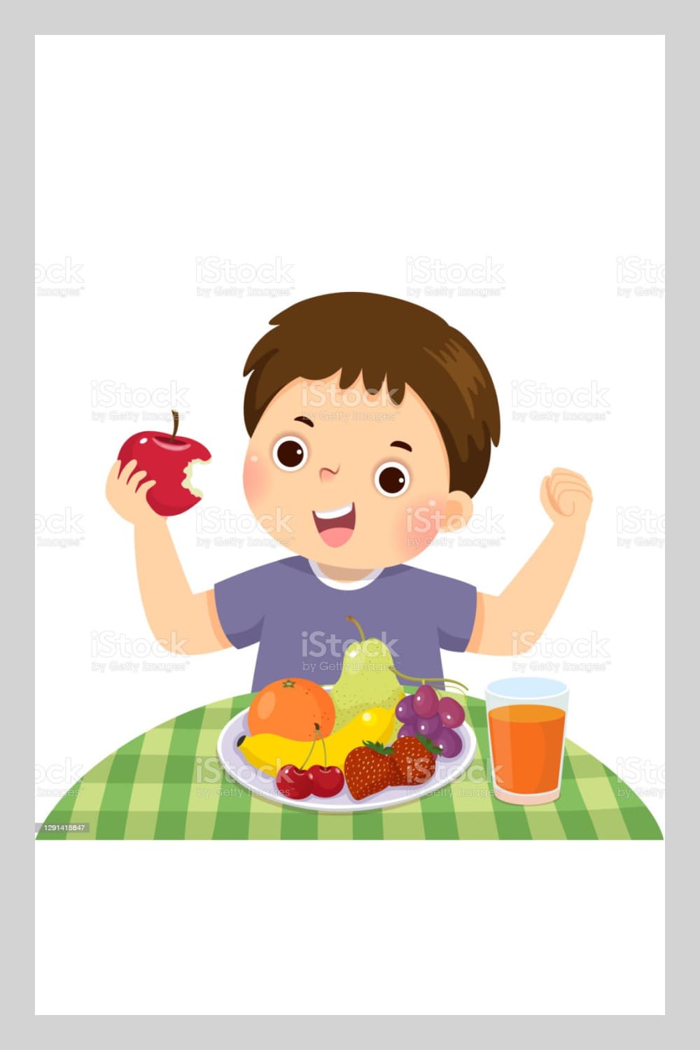 Vector illustration cartoon of a little boy eating red apple and showing his strength. stock illustration.