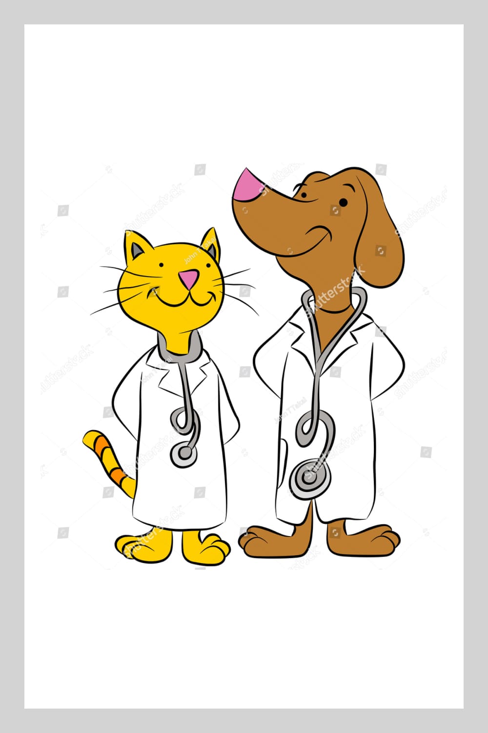 An image of a cat and dog dressed as pet doctors.