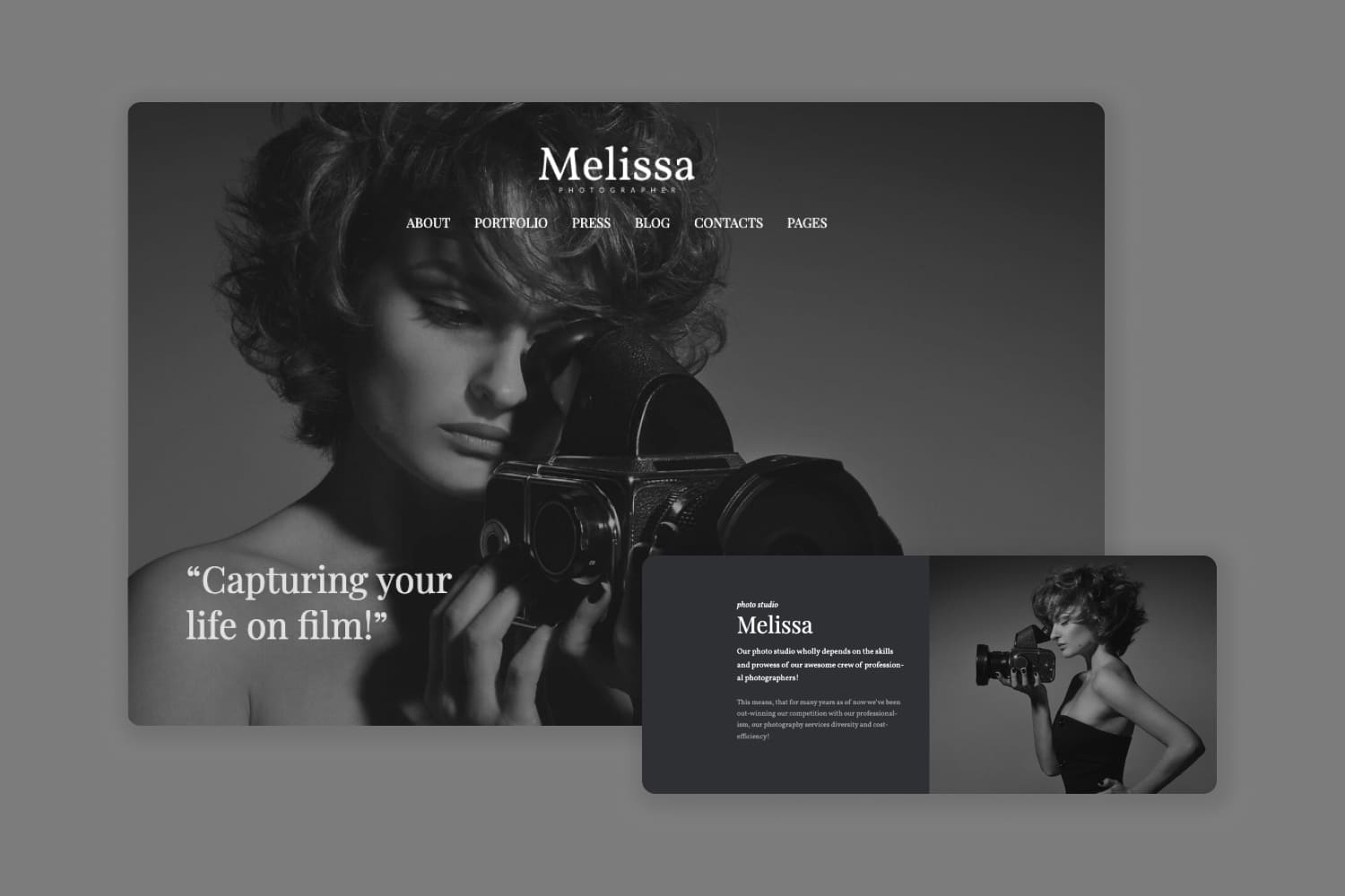 Screenshot of a website with a black and white photo of a woman with a camera.