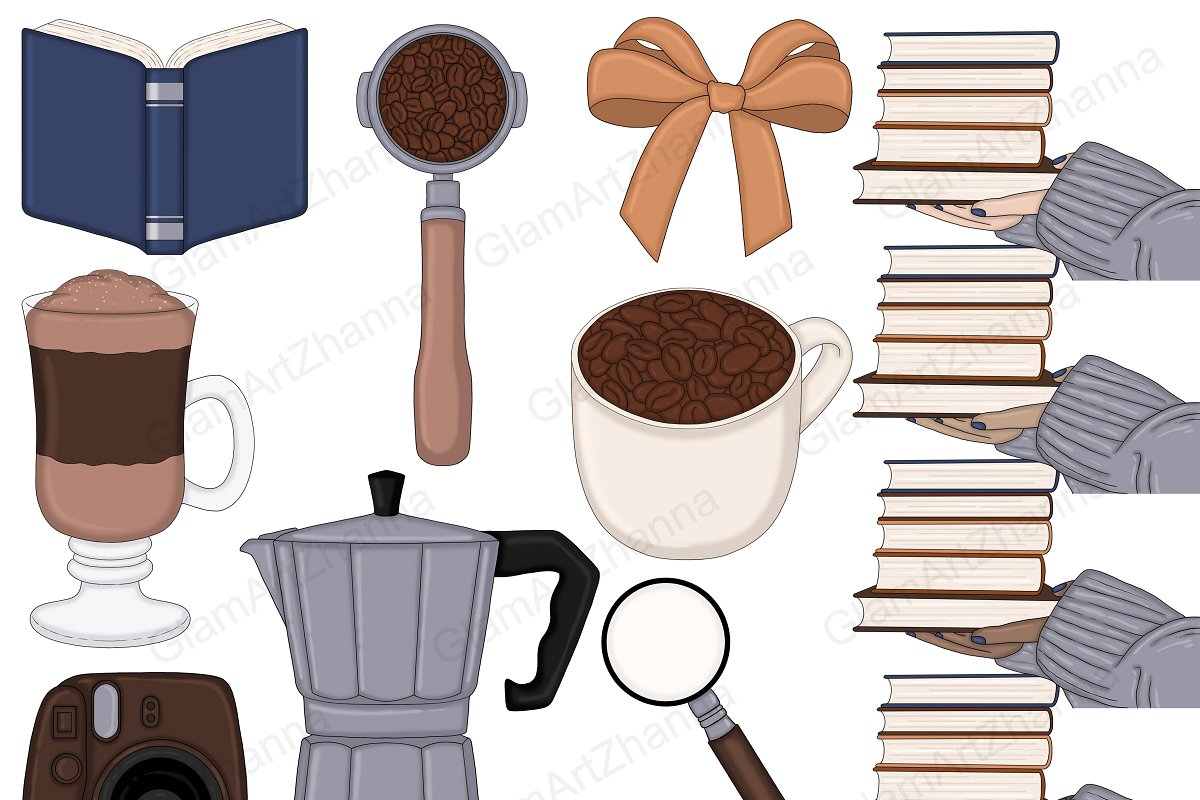 Books and Coffee Clipart - items preview.