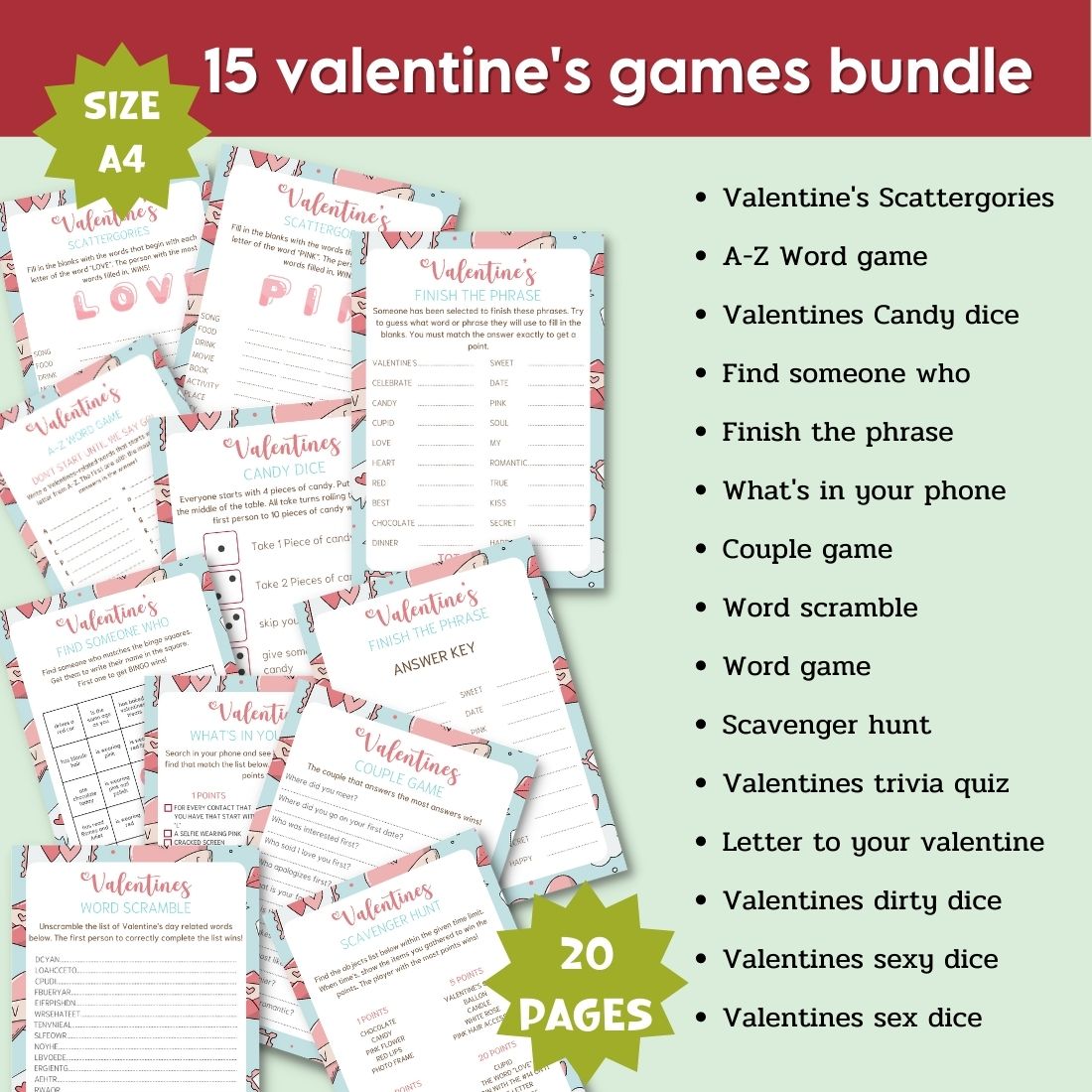 A set of images of adorable printable games for Valentines Day