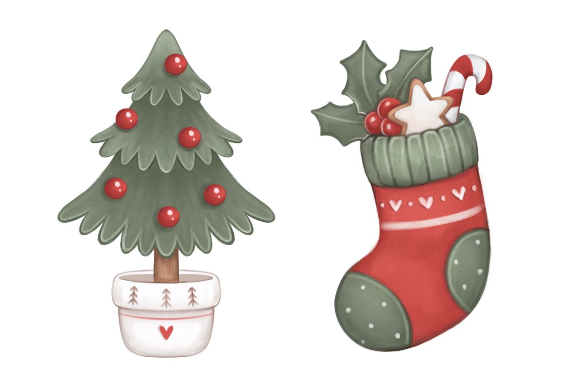 Illustrations of a Christmas tree and a sock on a white background.