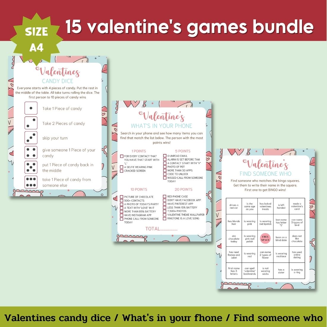 Pack of images of unique printed games for Valentine's Day