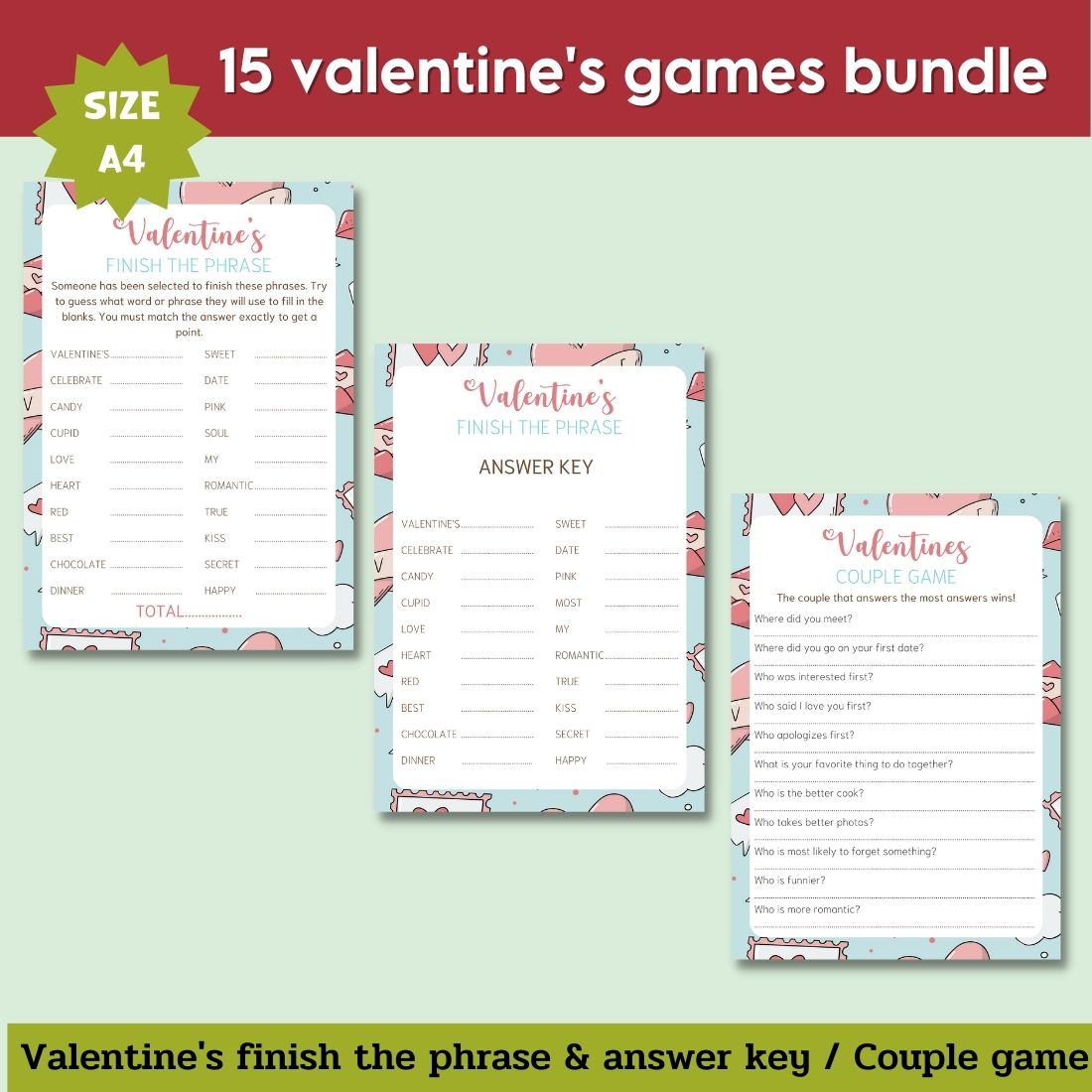 Set of images of fun printable games for Valentine's Day