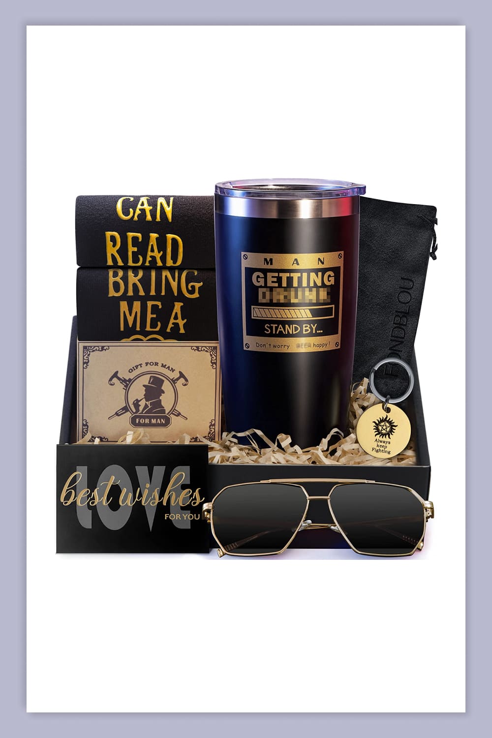 Box with stylish sunglasses, warm socks, a tumbler, and an engraved gold keychain.