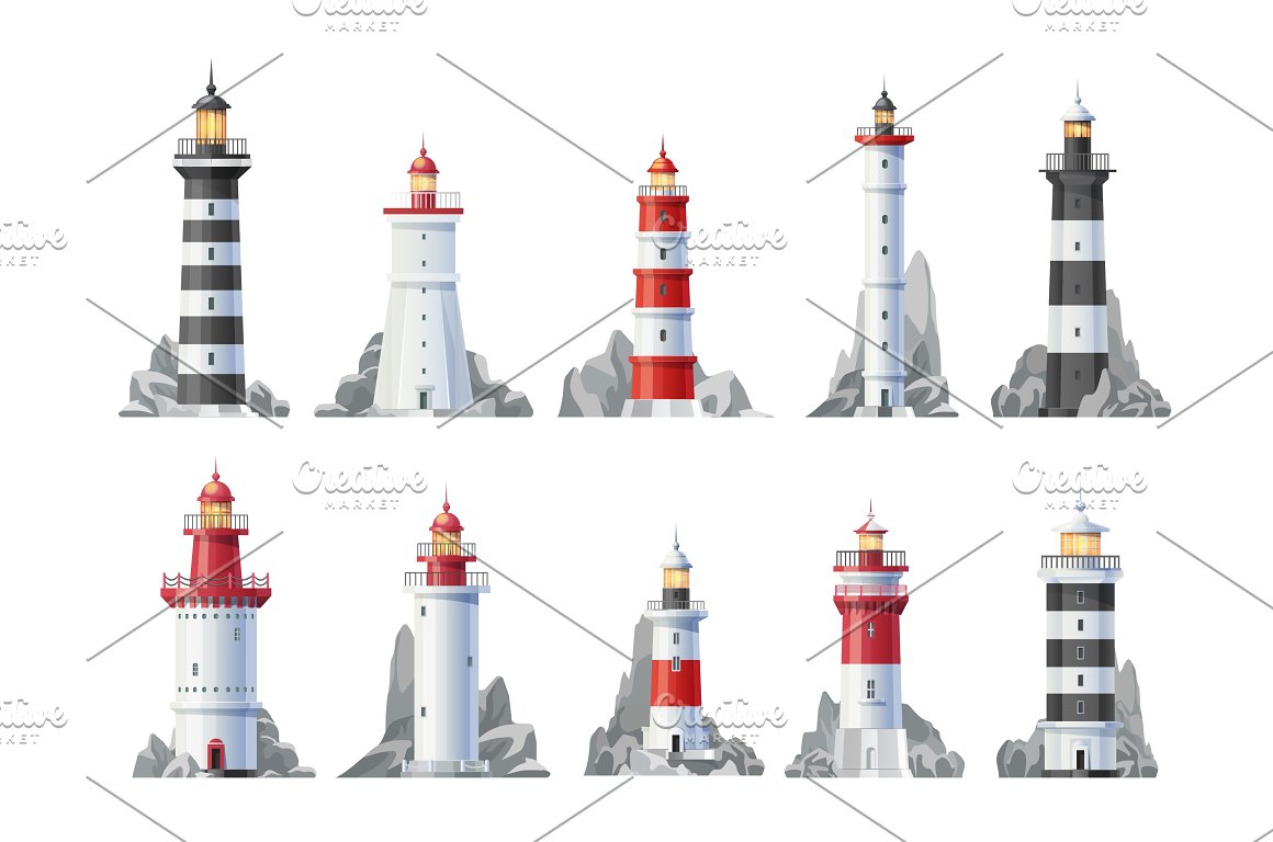Colorful illustrations of a nautical lighthouse on a white background.