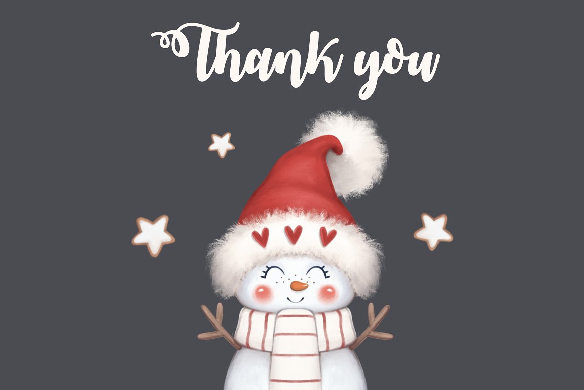 White lettering "Thank you" and snowman on a dark gray background.