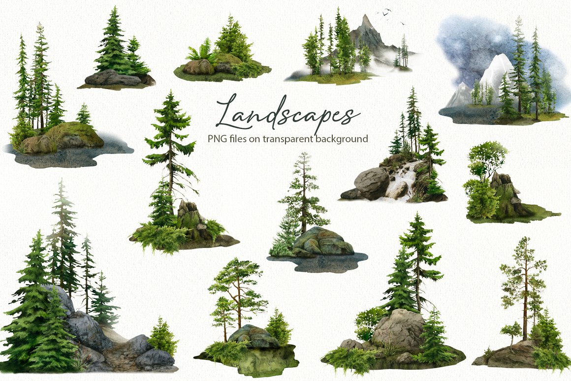 Lettering "Landscapes" and different nature illustrations on a gray background.