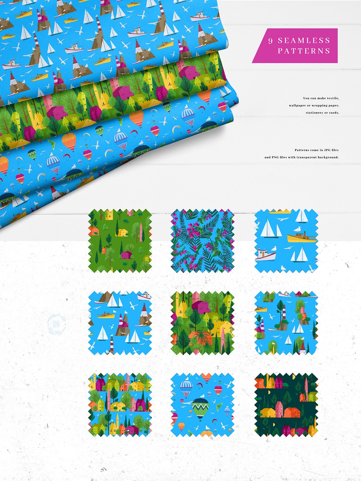 Pre-made themed seamless patterns designs.
