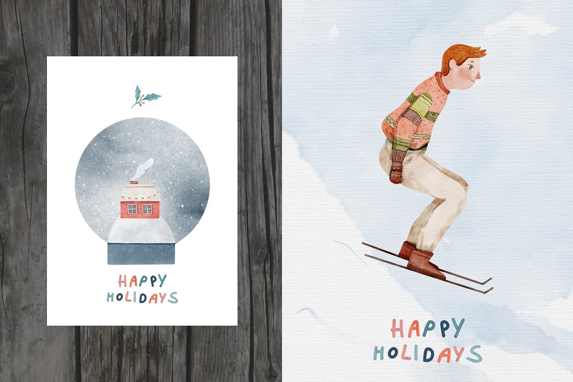 White card with lettering "Happy Holidays" and christmas illustration, and the same lettering on the watercolor drawing of a skier.