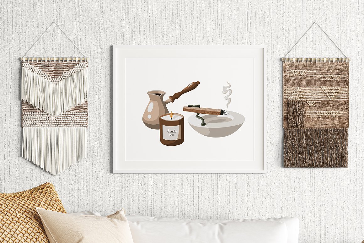 Picture with self-care illustration on a white background in white frame on the wall.