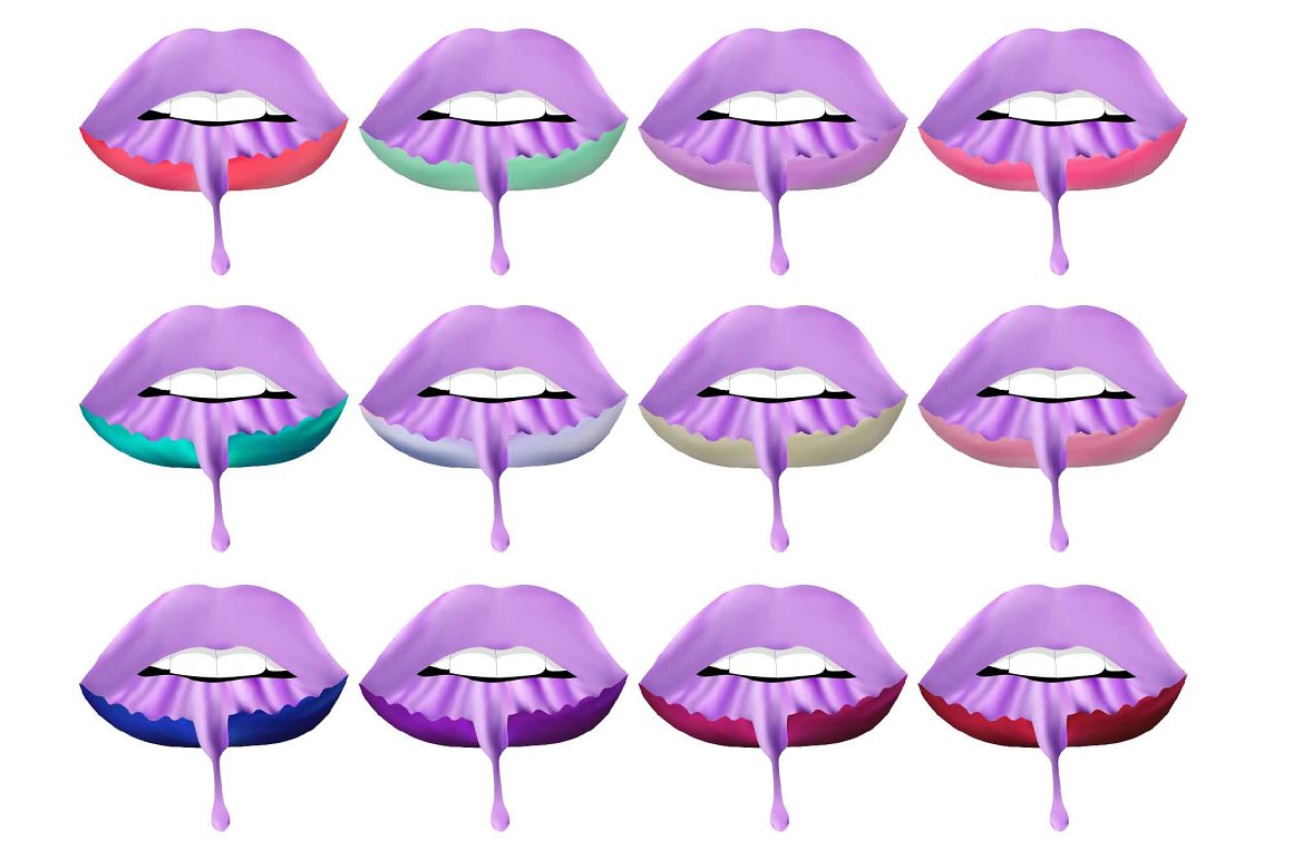 Clipart of 12 different purple dripping lips on a white background.