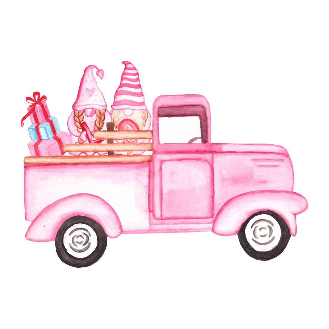 Image of a pink pickup truck with gnomes inside
