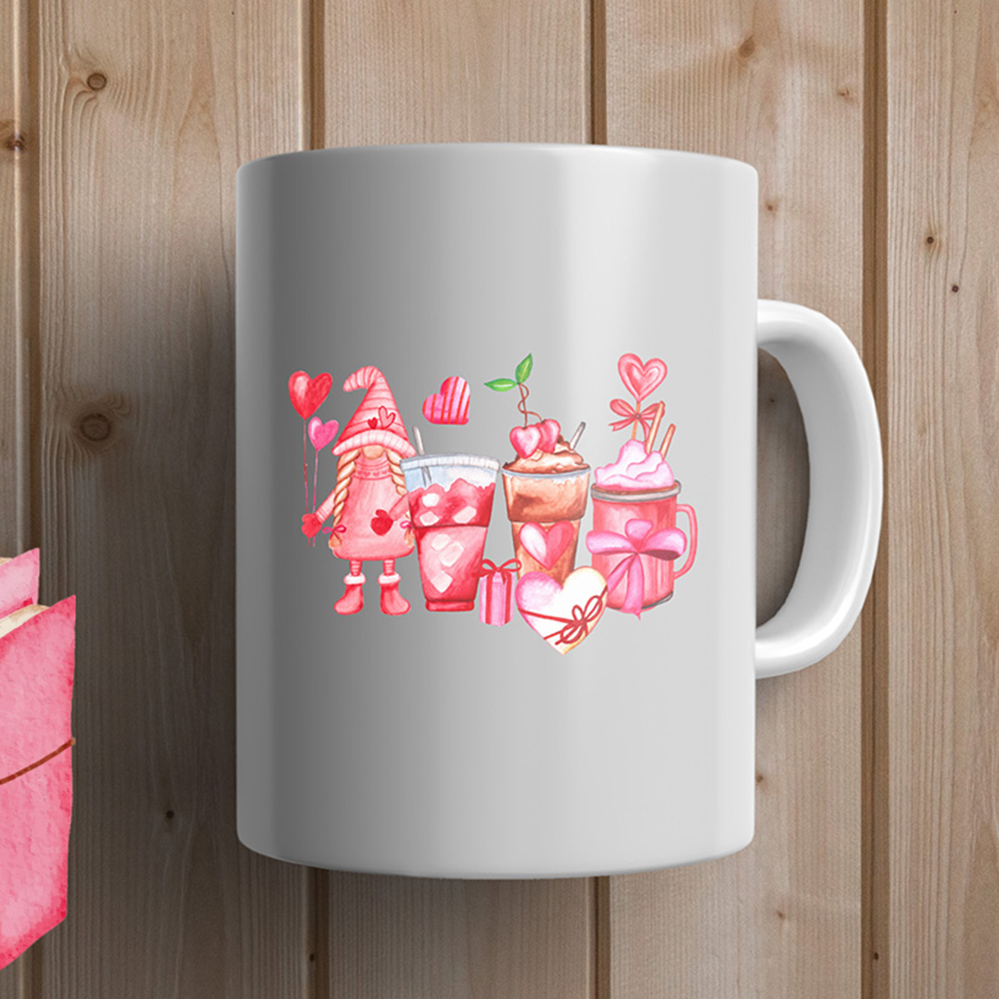 Big white tea mug with pink gnomes.