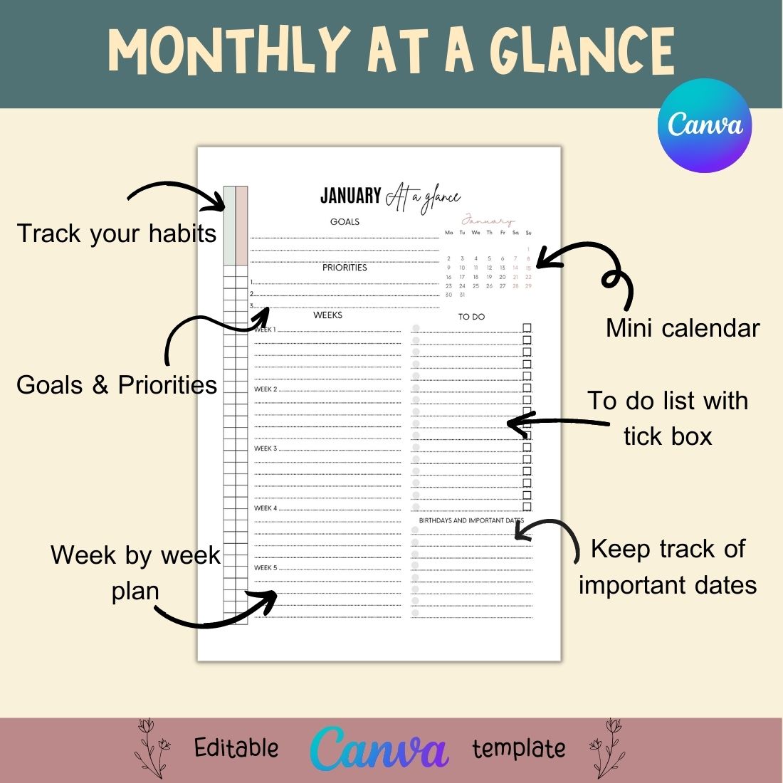Monthly Planner Canva Templates preview image.