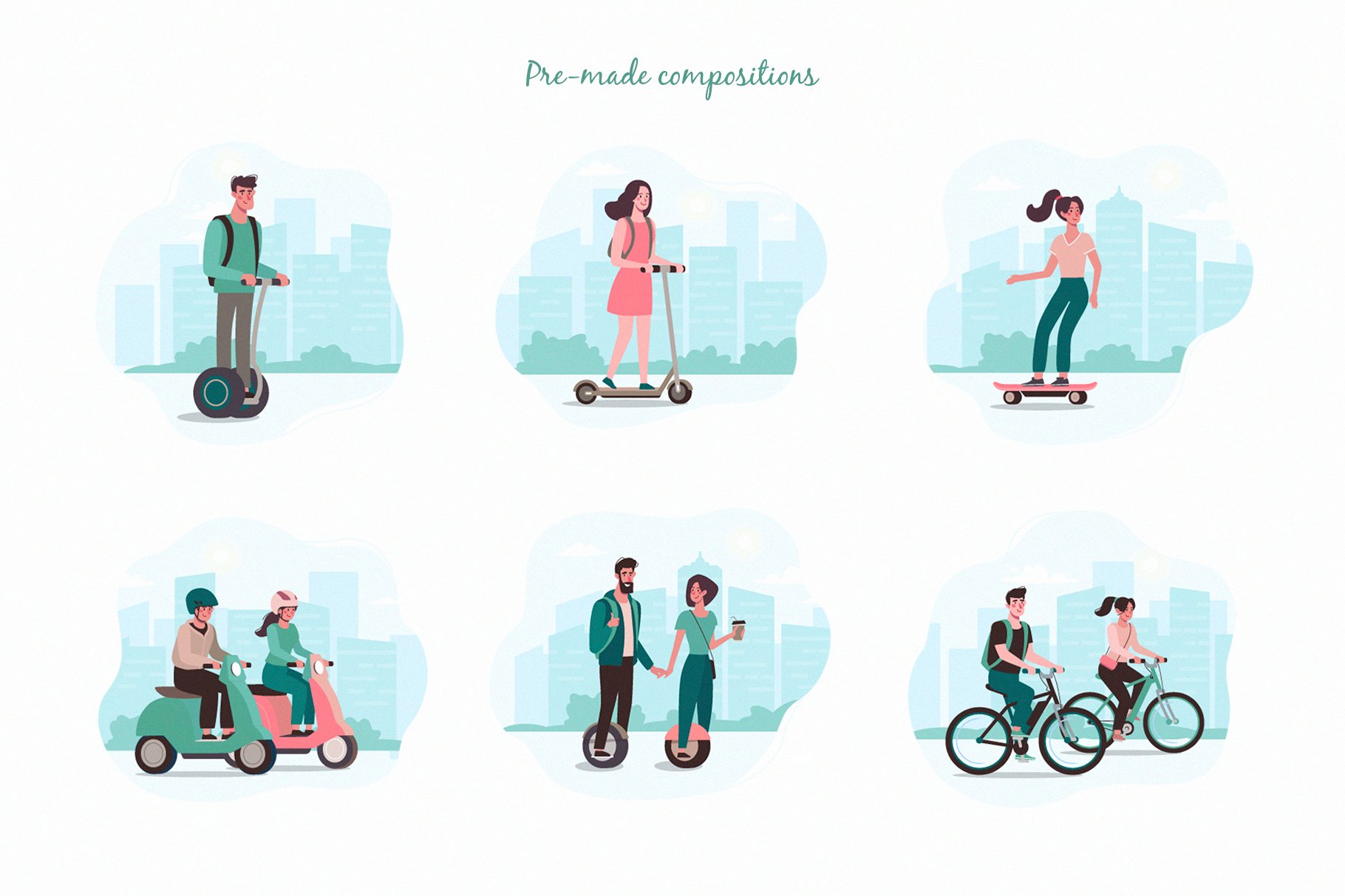 Some ready compositions with people and their bicycles.