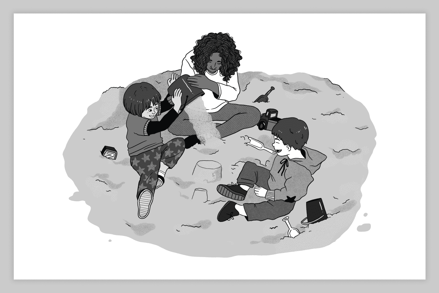 Black and white drawing of children playing in the sandbox.