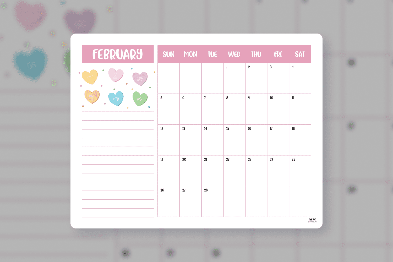 Cute calendar for february in pink color with space for notes.