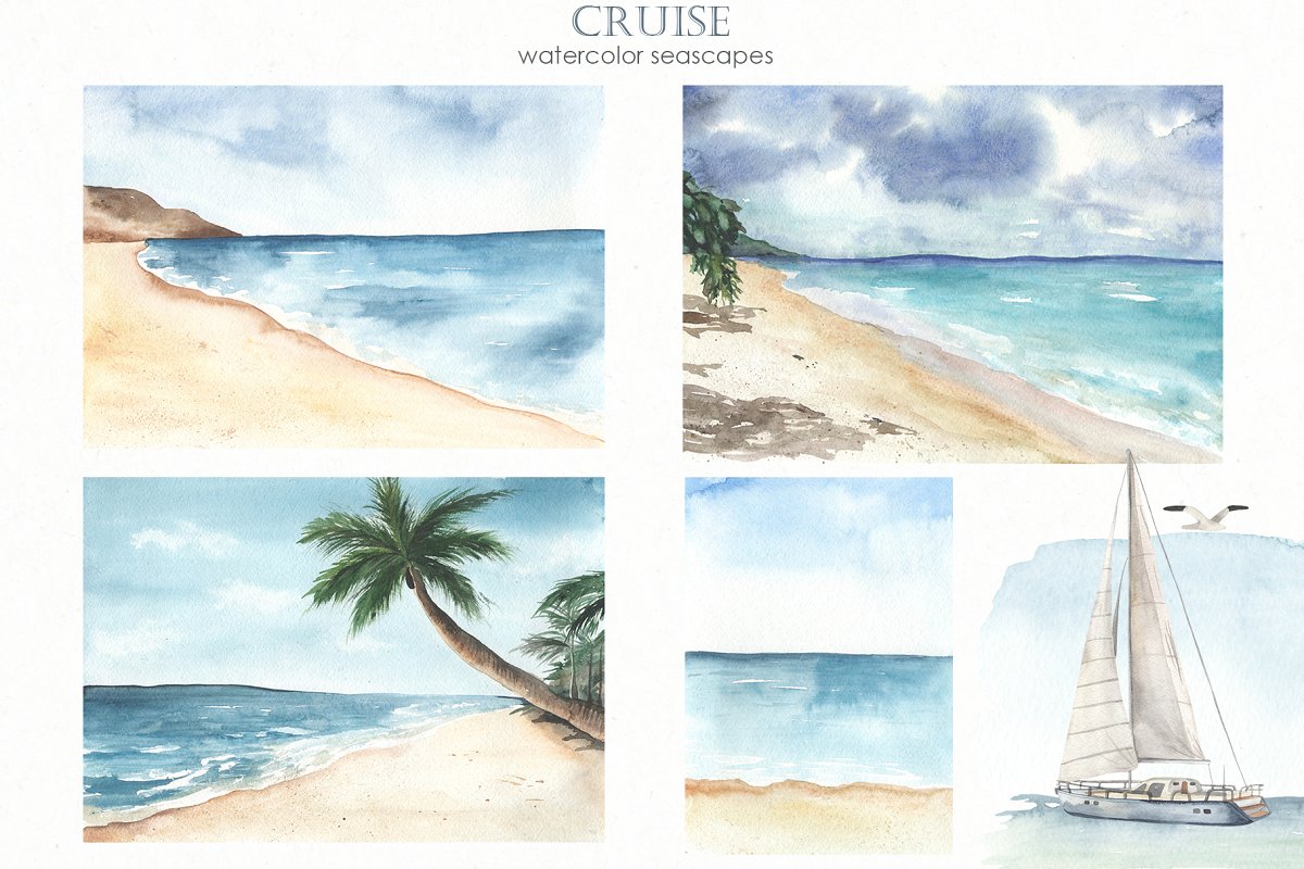 Cruise Watercolor Collection with watercolor seascapes.