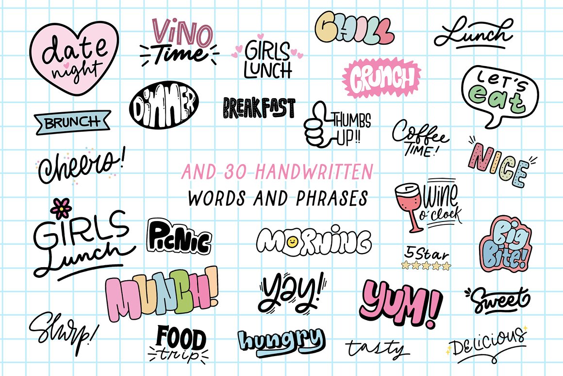 A set of different colorful lettering stickers.