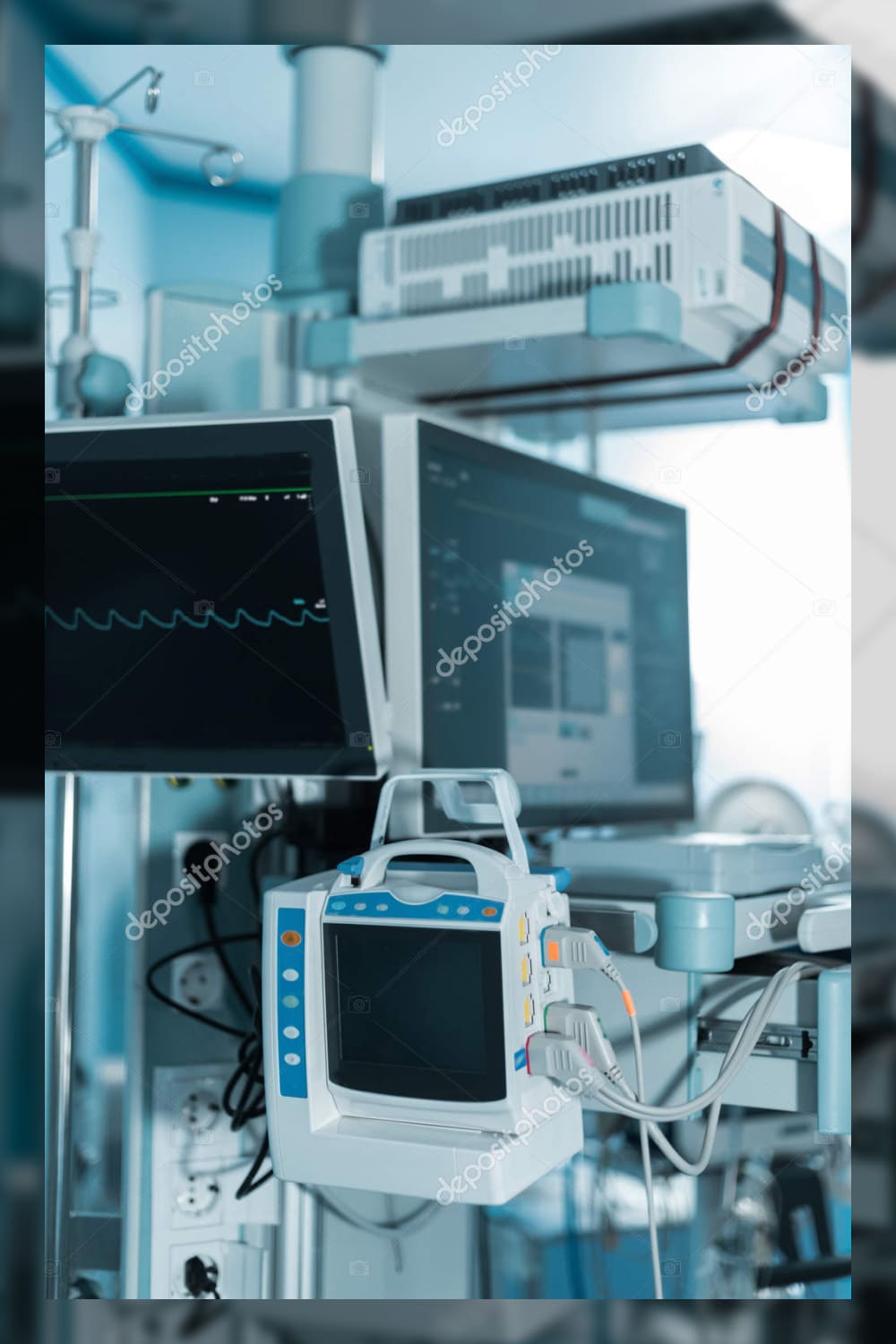 Medical equipment with screens in surgery room.