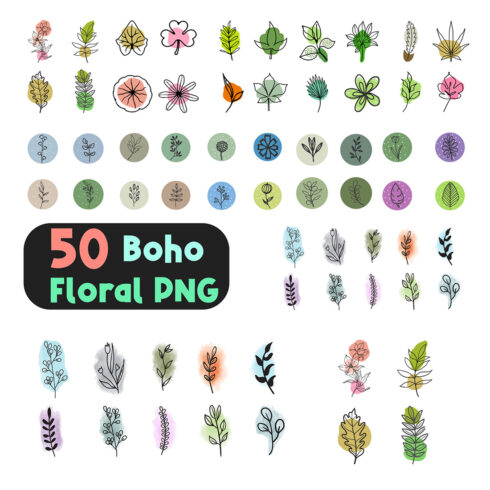 50 Minimal Boho Floral PNG Bundle main cover.