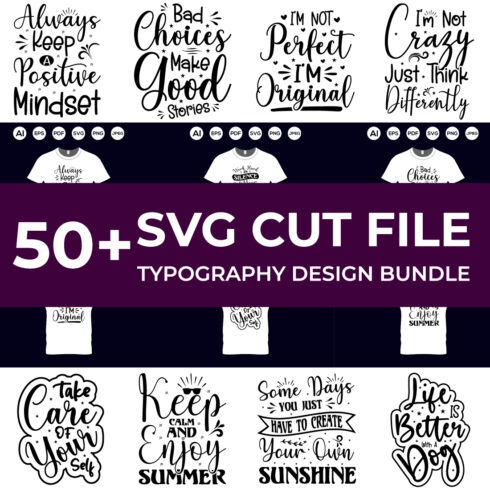 50+ Typography SVG T-Shirt Design Bundle main cover.