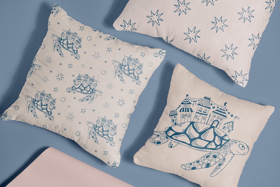 Gray pillows with blue sea animals illustrations.