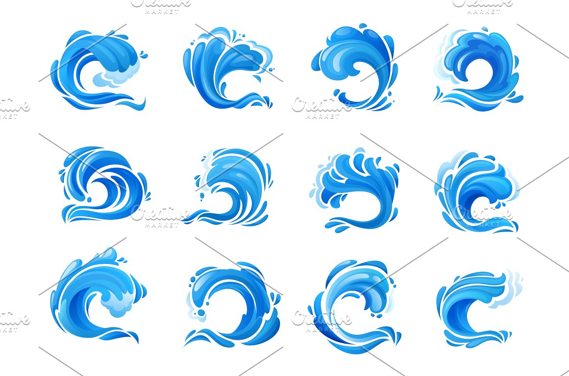 A set of 12 blue illustrations of tsunami ocean waves on a white background.